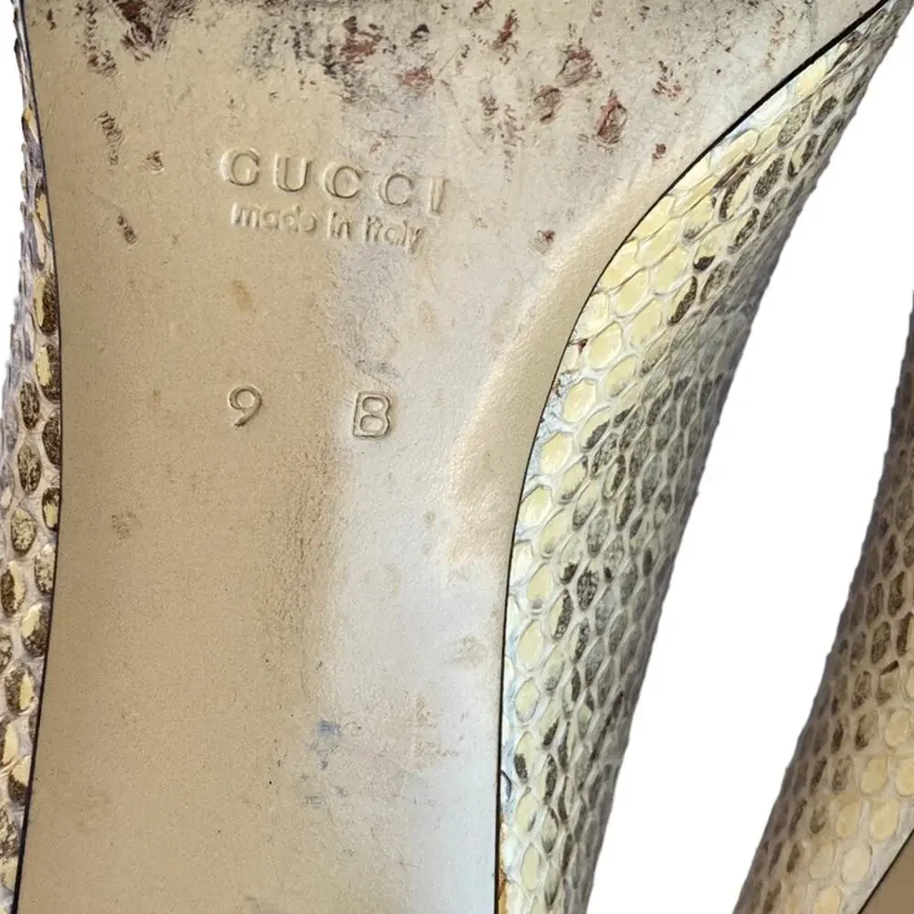 Vintage Gucci Tan Snakeskin Snip Toe Slip On Classic Heeled Pumps Size 9B - Picture 9 of 10